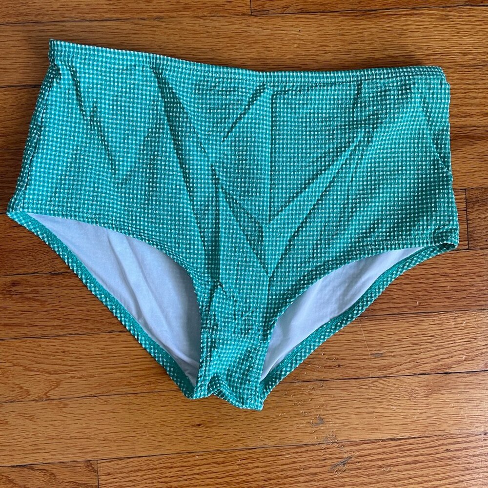 J. Crew High-Waisted Bikini Bottom Green & White Tiny Gingham Swimsuit Size M